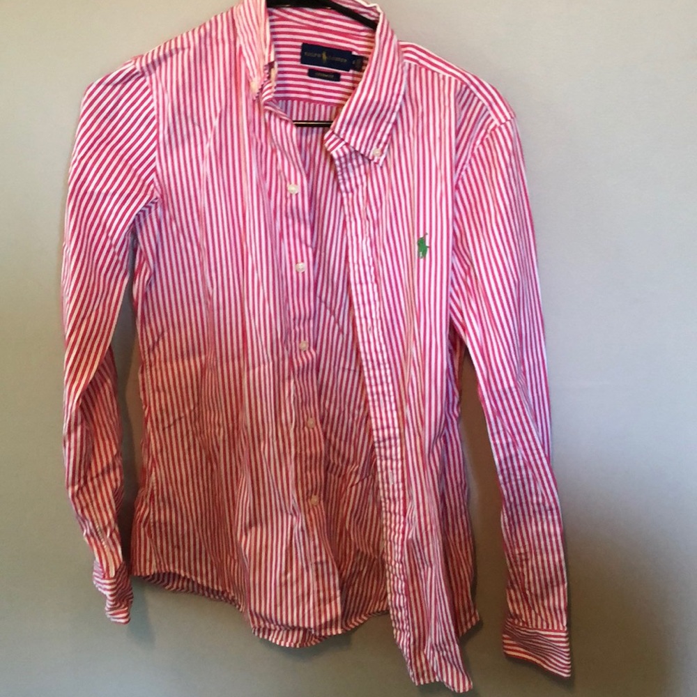 Pink striped polo button down